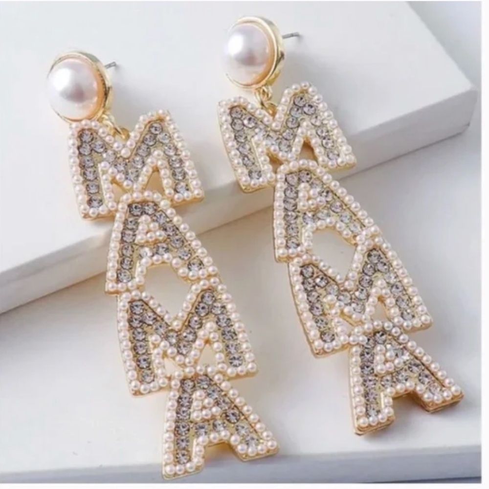 ❤️❤️ FREE Mama Mom Drop Pearl Faux Boho Peasant Hipster Hippie Art Farm Earrings